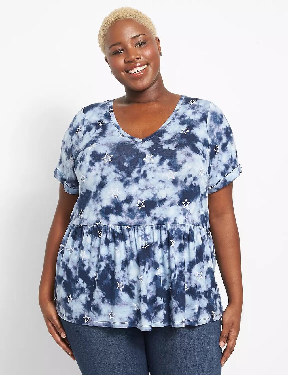 Lane Bryant 14/16 Swing Short-Sleeve V-Neck Babydoll Tee Tie Dye Stars Blue